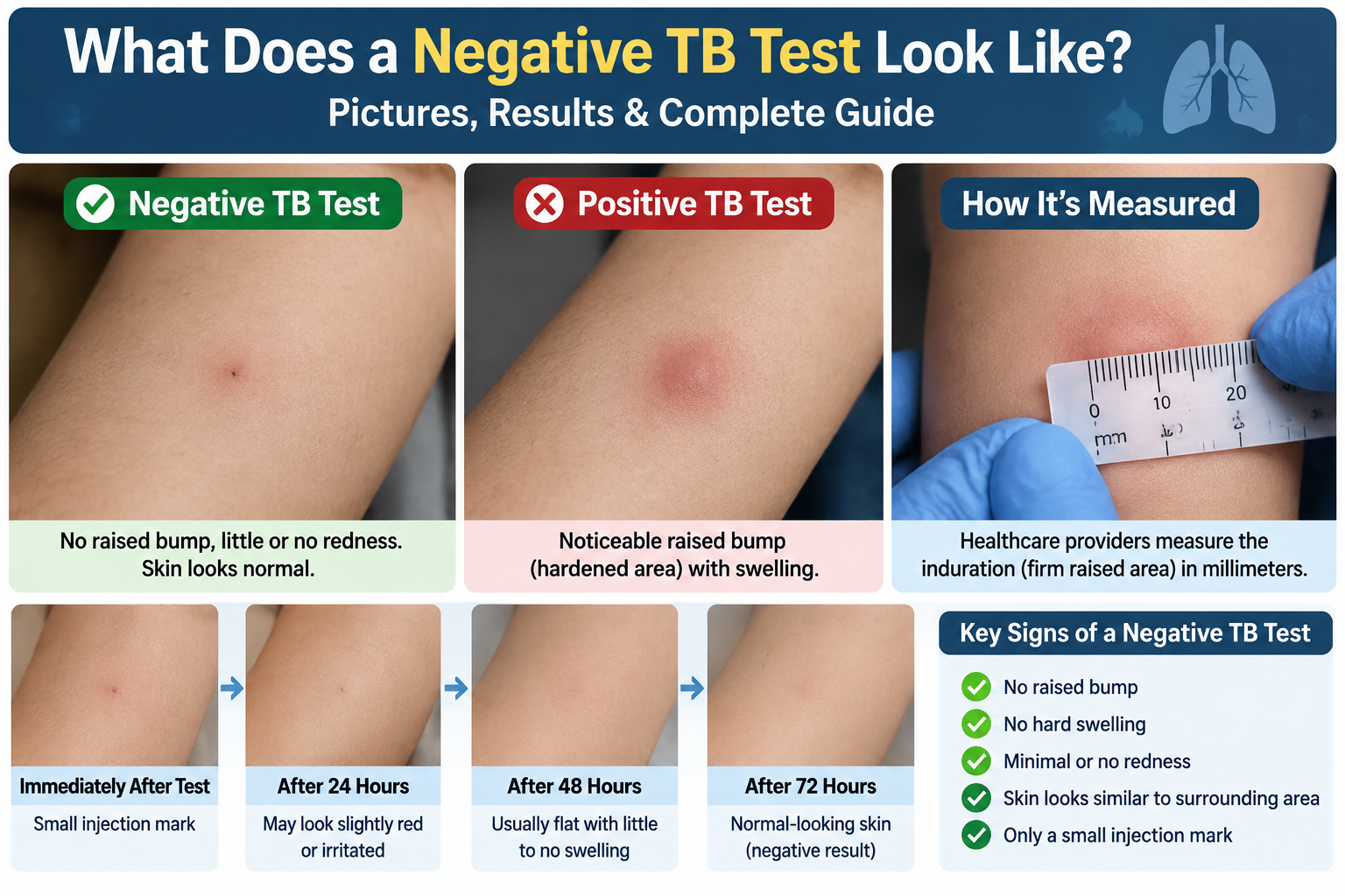 Negative TB test appearance showing no bump, minimal redness, and result comparison